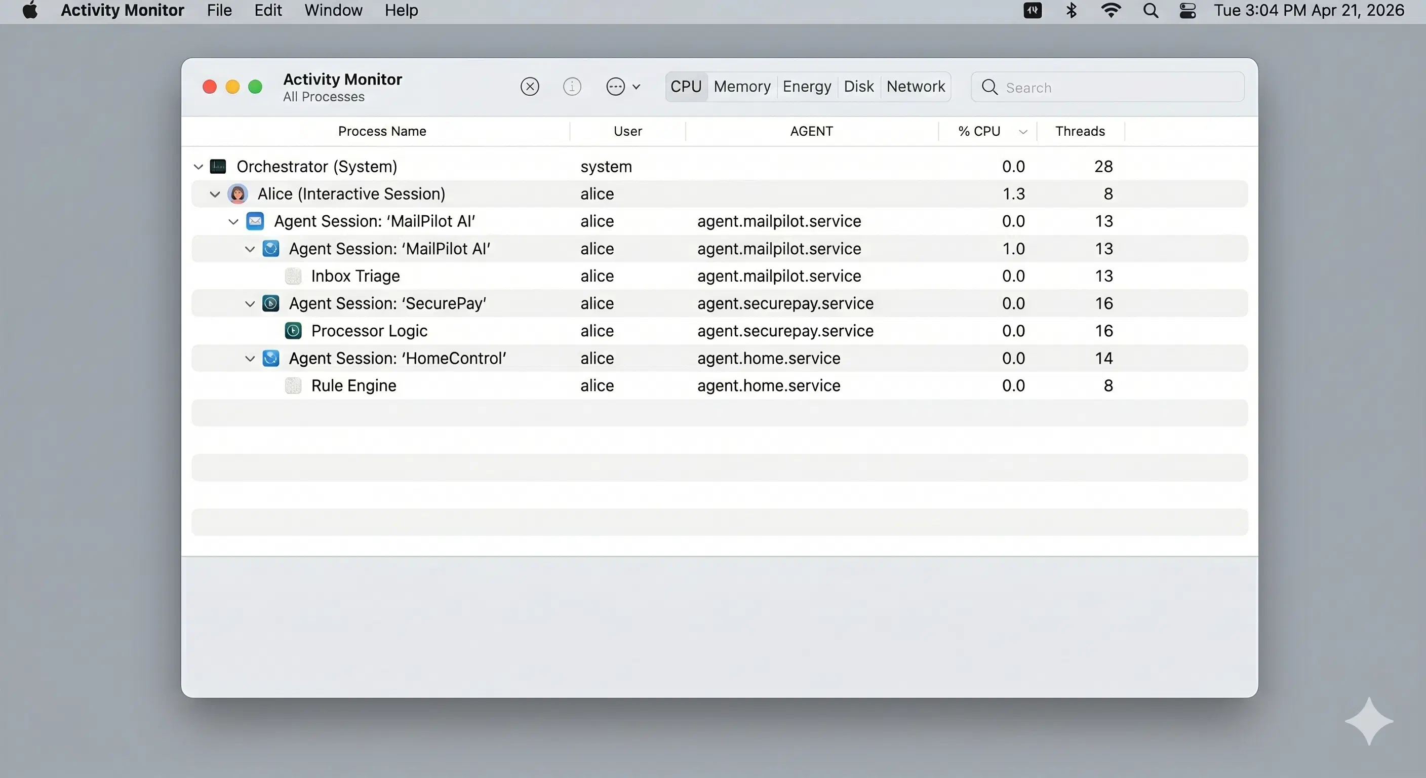 Activity Monitor showing agent sessions